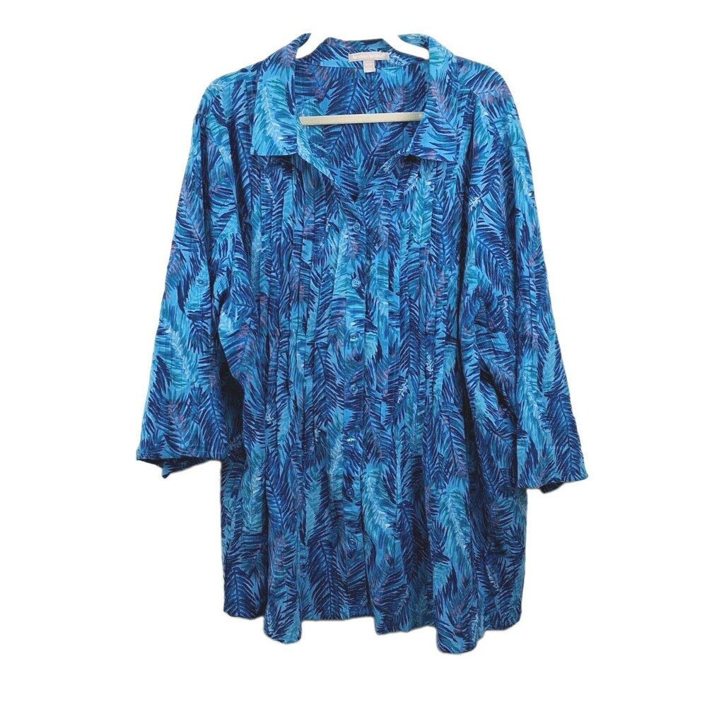 Coastal Boho Tropical Pintuck Gauze Shirt Woman Within Blue Plus Size 2X 26/28